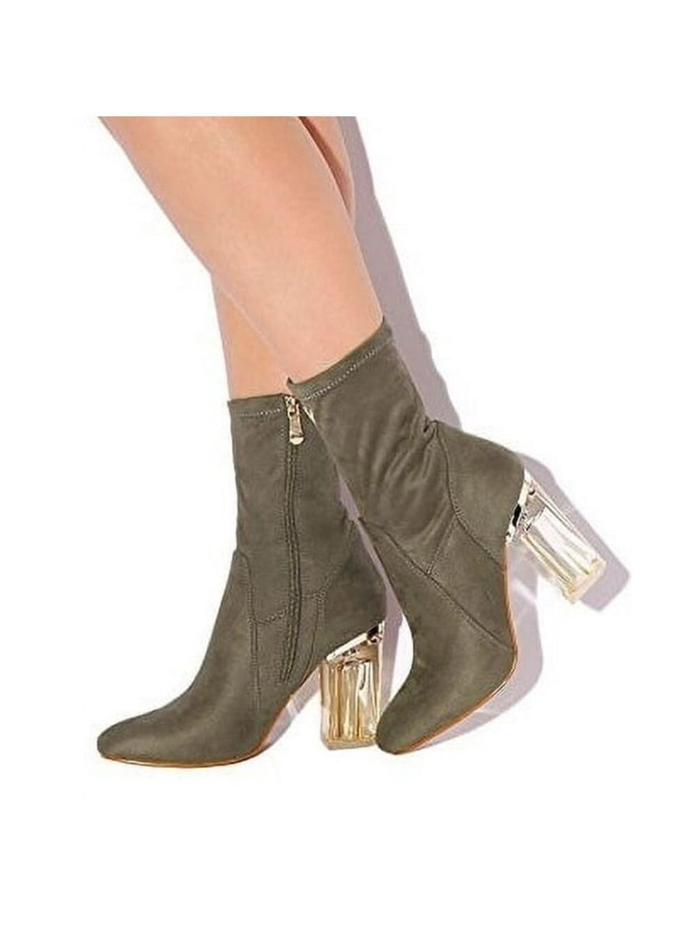 Cape Robbin Fay-1 No Frontin Clear Heel Stretch Suede Ankle Boot Olive, size 8.5
